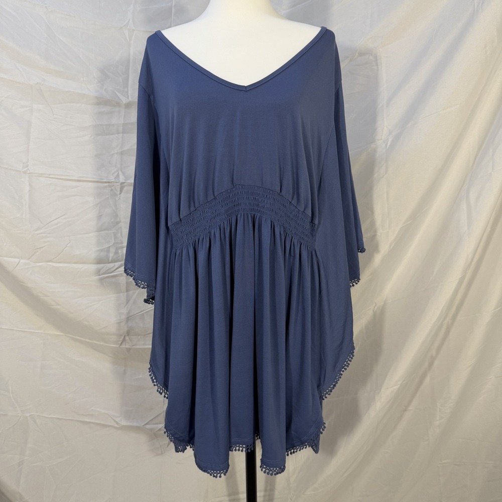 Cacique Swim Cover Up Dress Women 18/20 Blue Smocked Crochet Trim Kimono Plus